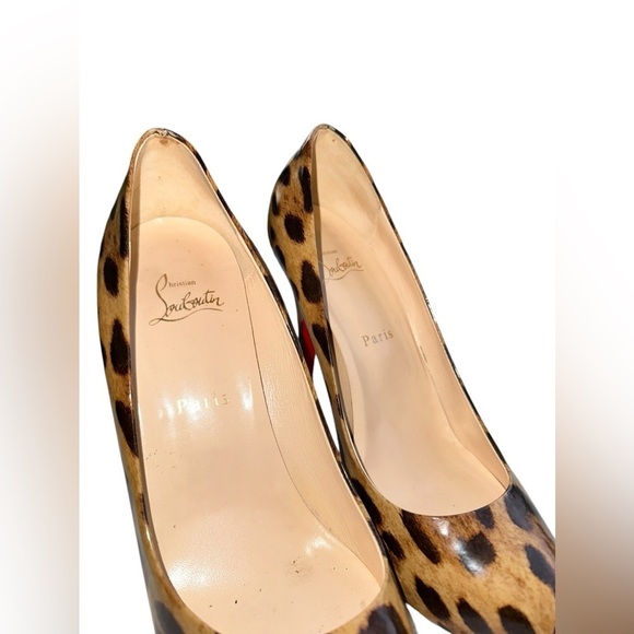 CHRISTIAN LOUBOUTIN Patent Leather Cheetah Print Peep Toe Platform Heels sz39.5 - Picture 7 of 11